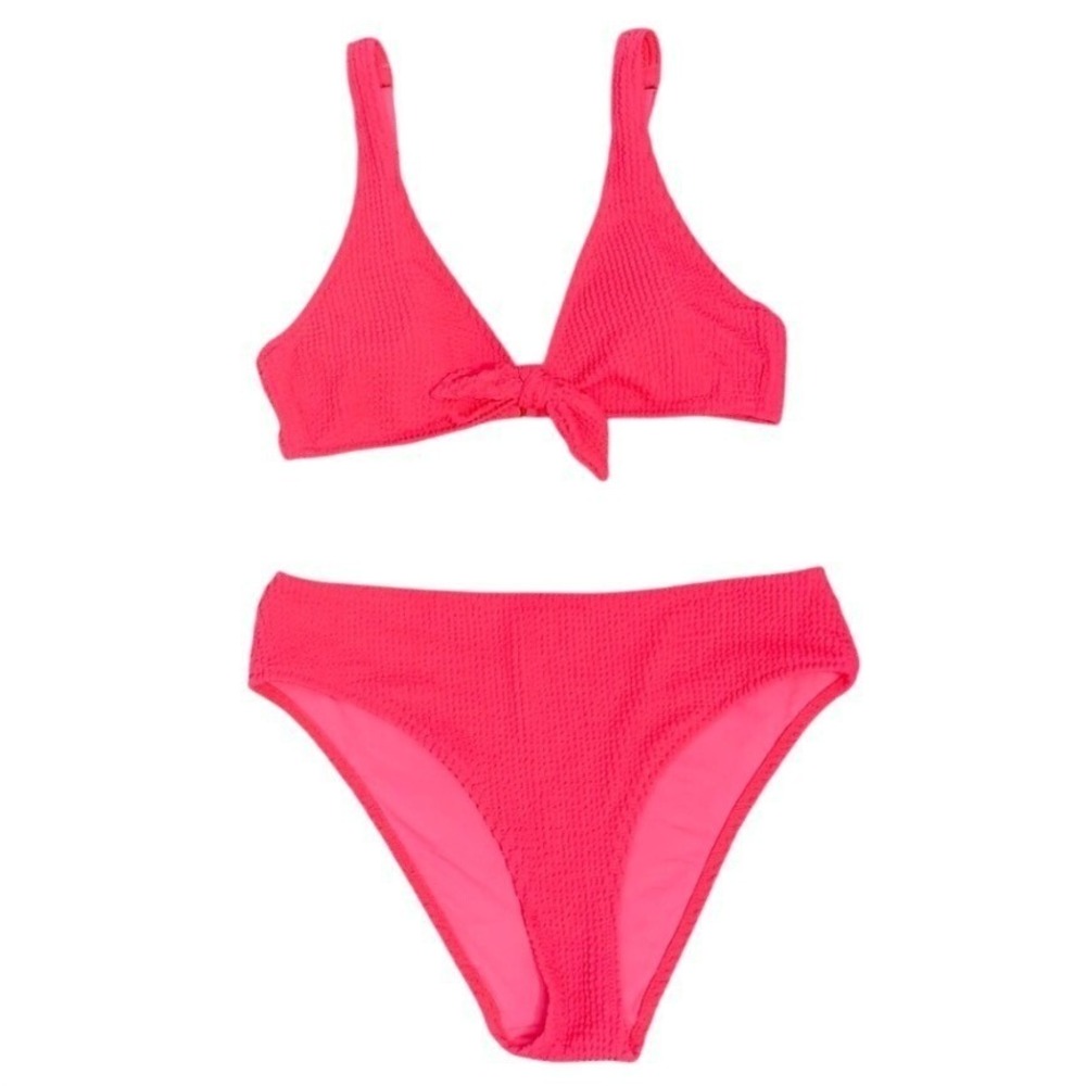 Lively Hot Pink‎ Textured Seersucker Bikini Set Tie Front High Waist Size M